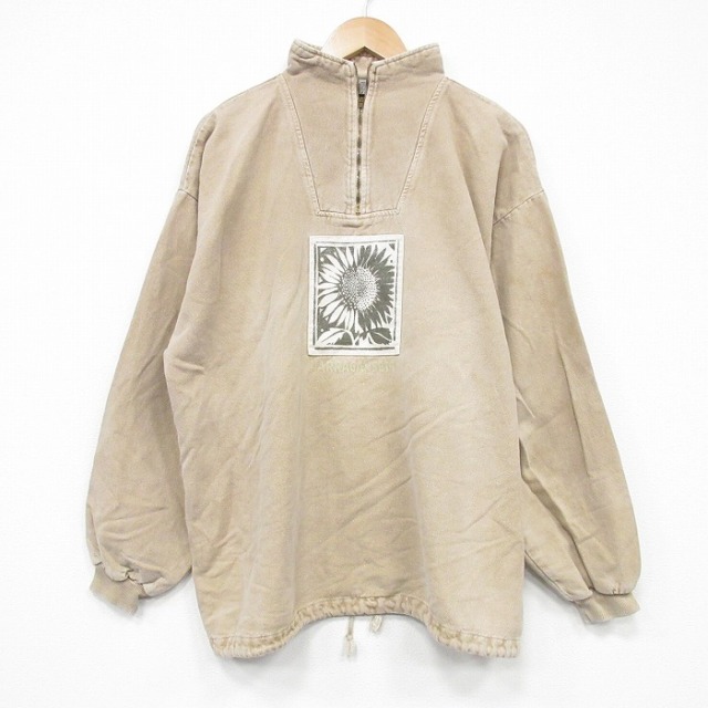 XL★古着 長袖 ハーフジップ スウェット メンズ 90年代 90s ヒマワリ 大きいサイズ コットン USA製 ベージュ カーキ 25oct30 中古 スエット トレーナー トップス
