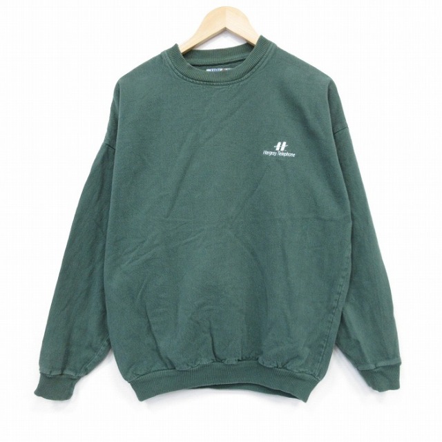XL★古着 長袖 スウェット メンズ 90年代 90s H コットン クルーネック USA製 緑 グリーン 25oct11 中古 スエット トレーナー トップス