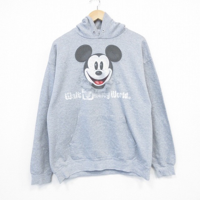 L★古着 ヘインズ Hanes 長袖 スウェット パーカー メンズ ディズニー DISNEY ミッキー両面プリント グレー 霜降り 25oct11 中古 スエット トレーナー トップス