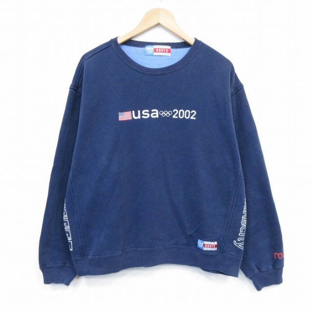 XL★古着 ROOTS 長袖 スウェット メンズ 00年代 00s USA オリンピックチーム 大きいサイズ クルーネック 紺 ネイビー 25oct11 中古 スエット トレーナー トップス