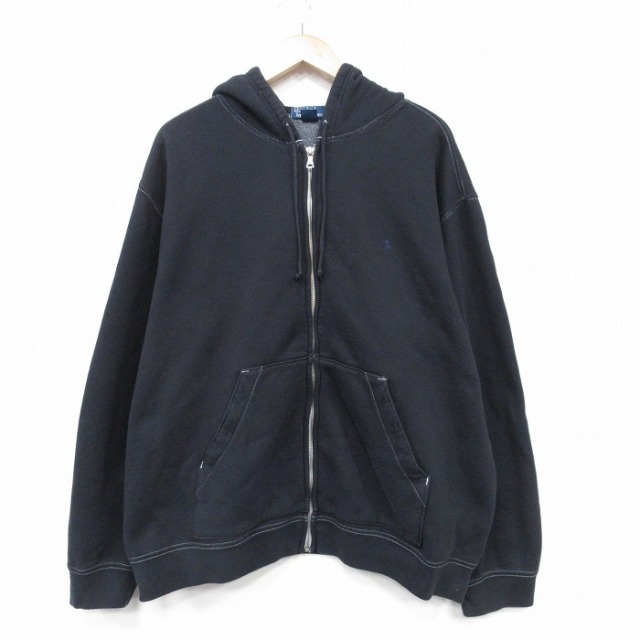 XL★古着 ラルフローレン Ralph Lauren 長袖 ブランド フルジップ スウェット パーカー メンズ 90年代 90s ワンポイントロゴ 大きいサイズ 黒 ブラック フード内側サーマル 【spe】 25oct11 中古 スエット トレーナー トップス