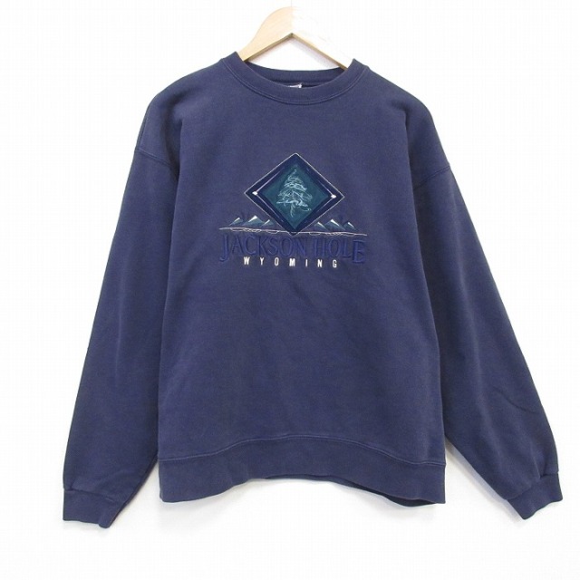 L★古着 長袖 スウェット メンズ 00年代 00s ジャクソンホール 刺繍 クルーネック 紺 ネイビー 25oct08 中古 スエット トレーナー トップス