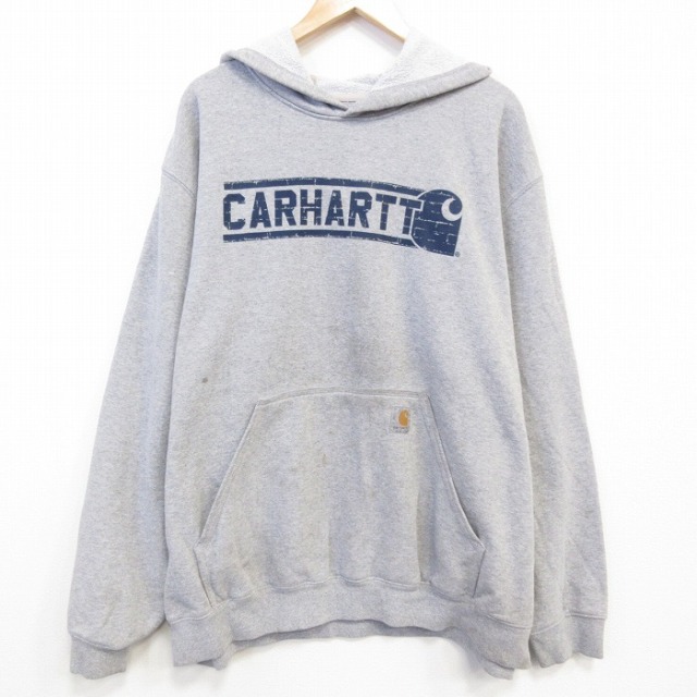 XL★古着 カーハート Carhartt 長袖 スウェット パーカー メンズ ビッグロゴ 大きいサイズ グレー 霜降り 25oct08 中古 スエット トレーナー トップス