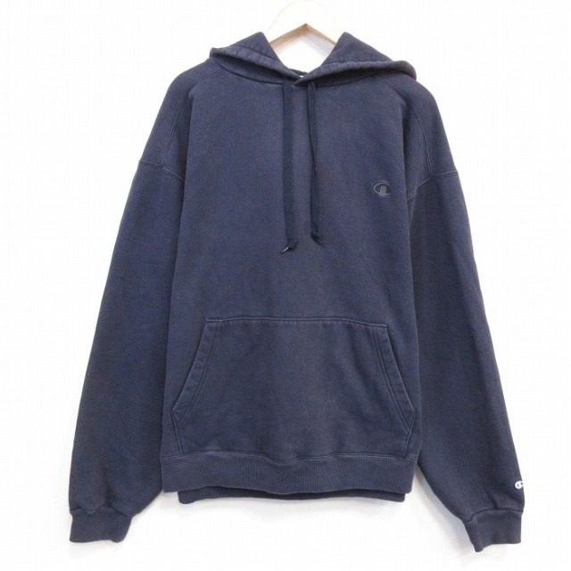 XL★古着 チャンピオン champion 長袖 スウェット パーカー メンズ 00年代 00s ワンポイントロゴ 大きいサイズ 紺 ネイビー 25oct08 中古 スエット トレーナー トップス