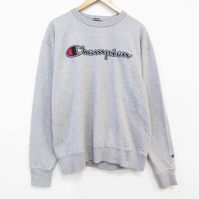 XL★古着 チャンピオン champion 長袖 スウェット メンズ ビッグロゴ クルーネック グレー 霜降り 25oct21 中古 スエット トレーナー トップス