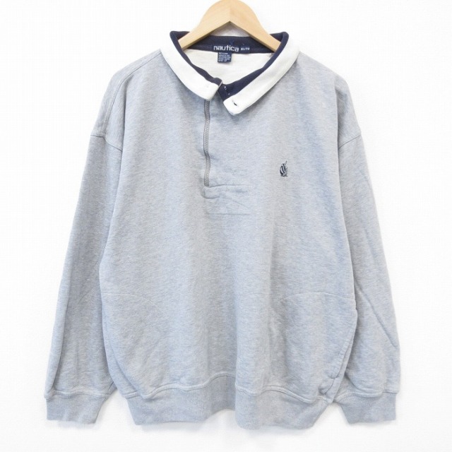 XL★古着 ノーティカ NAUTICA 長袖 ブランド ハーフジップ トップス メンズ 90年代 90s ワンポイントロゴ 大きいサイズ コットン 襟付き グレー 霜降り 25oct27 中古 スエット トレーナー