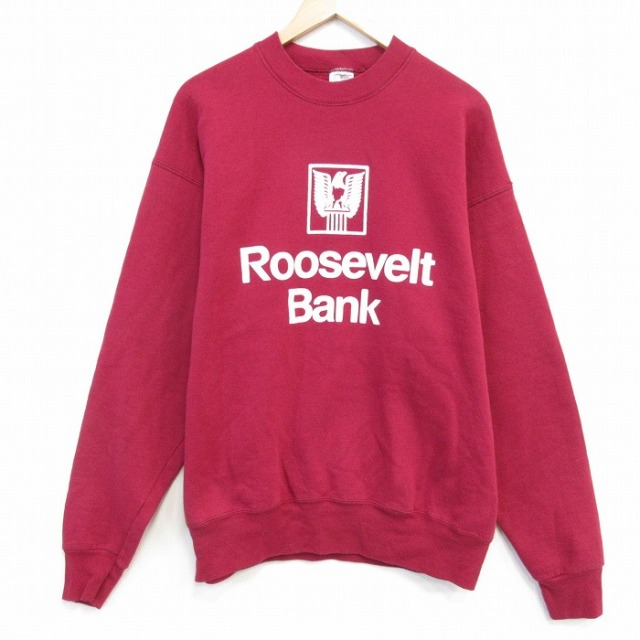 XL★古着 フルーツオブザルーム 長袖 スウェット メンズ 90年代 90s ルーズベルトバンク クルーネック 赤 レッド 25oct29 中古 スエット トレーナー トップス