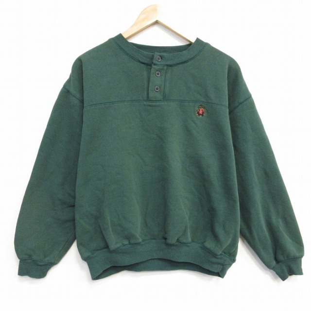 L★古着 長袖 スウェット メンズ 90年代 90s ワンポイントロゴ ヘンリーネック 緑 グリーン 25oct29 中古 スエット トレーナー トップス