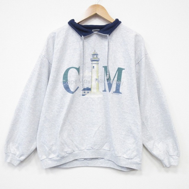 XL★古着 長袖 スウェット メンズ 90年代 90s 灯台 モックネック ハイネック USA製 薄グレー 霜降り 25oct29 中古 スエット トレーナー トップス