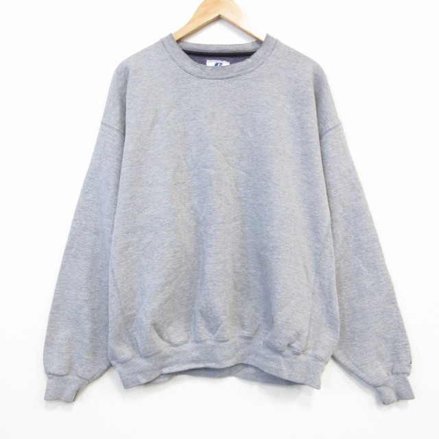 XL★古着 ラッセル 長袖 スウェット メンズ ワンポイントロゴ 大きいサイズ クルーネック グレー 霜降り 25oct31 中古 スエット トレーナー トップス