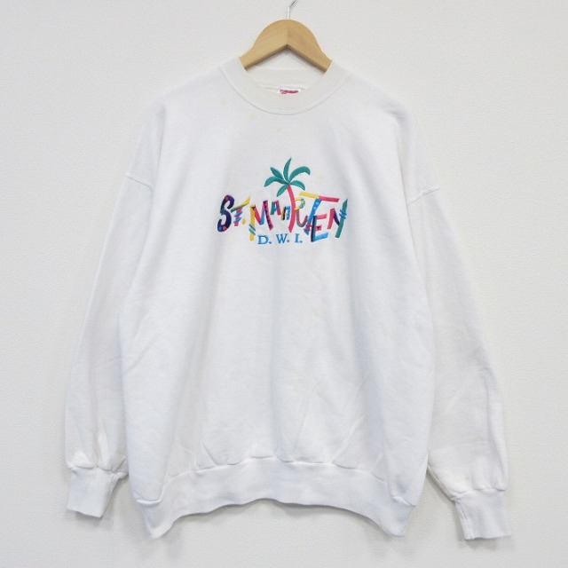 XL★古着 ヘインズ Hanes 長袖 スウェット メンズ 00年代 00s ヤシの木 刺繍 大きいサイズ クルーネック 白 ホワイト 25oct31 中古 スエット トレーナー トップス