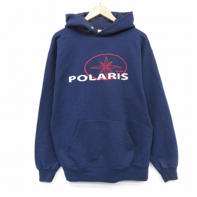 L★古着 長袖 スウェット パーカー メンズ 00年代 00s POLARIS 刺繍 紺 ネイビー 25oct31 中古 スエット トレーナー トップス