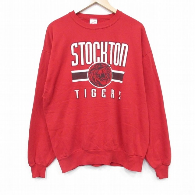 XL★古着 ジャージーズ 長袖 スウェット メンズ 90年代 90s タイガース クルーネック USA製 赤 レッド 25nov05 中古 スエット トレーナー トップス