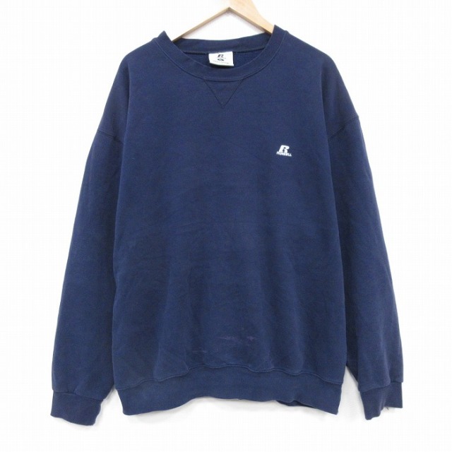 XL★古着 ラッセル 長袖 スウェット メンズ ワンポイントロゴ 大きいサイズ クルーネック 紺 ネイビー 25nov01 中古 スエット トレーナー トップス