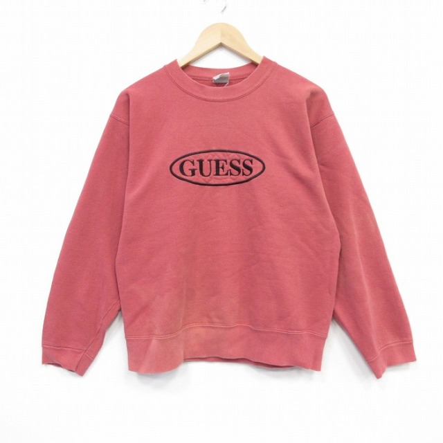 M★古着 ゲス GUESS 長袖 ブランド スウェット メンズ 90年代 90s ビッグロゴ 刺繍 クルーネック USA製 薄エンジ 25nov01 中古 スエット トレーナー トップス
