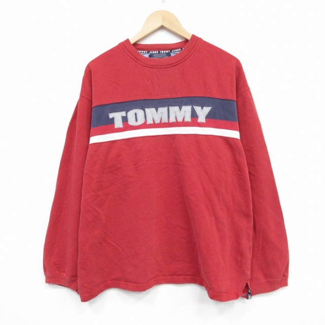XL★古着 トミーフィルフィガー 長袖 ブランド スウェット メンズ 90年代 90s ビッグロゴ 刺繍 クルーネック 赤 レッド 25nov01 中古 スエット トレーナー トップス