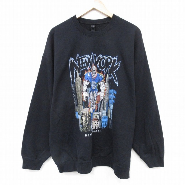 XL★古着 長袖 スウェット メンズ スケルトン 大きいサイズ クルーネック 黒 ブラック 25nov05 中古 スエット トレーナー トップス