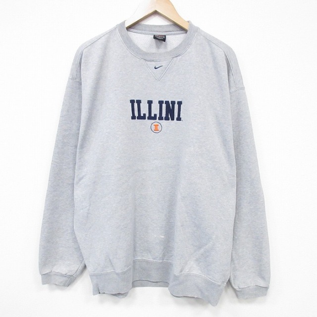 XL★古着 ナイキ NIKE 長袖 スウェット メンズ 00年代 00s ILLINI 大きいサイズ クルーネック グレー 霜降り 25nov05 中古 スエット トレーナー トップス