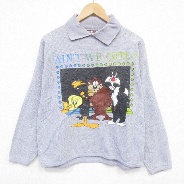 L★古着 長袖 トップス メンズ 90年代 90s ルーニーテューンズ LOONEY TUNES タズ コットン 襟付き グレー 【spe】 25nov05 中古 スエット トレーナー