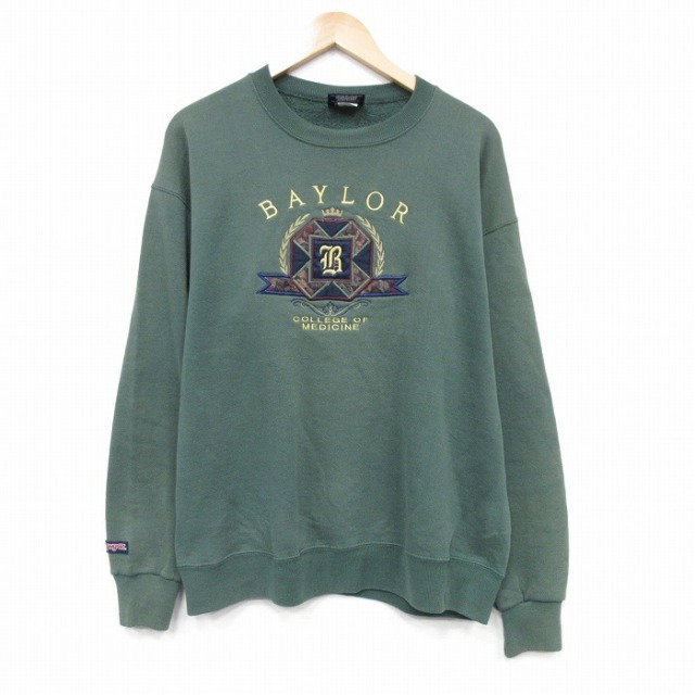L★古着 ジャンスポーツ 長袖 スウェット メンズ 90年代 90s BAYLOR 刺繍 クルーネック USA製 緑 25nov13