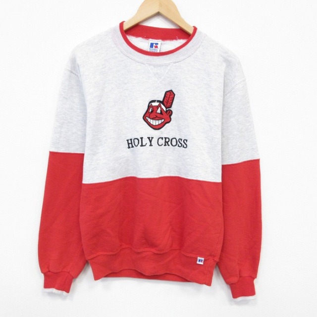 M★古着 ラッセル 長袖 スウェット メンズ  90年代 90s HOLY 刺繍  ツートンカラー クルーネック USA製 薄グレー他 霜降り 25nov12