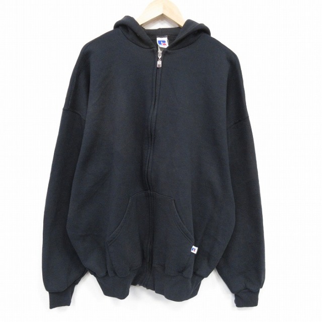 XL★古着 ラッセル 長袖 フルジップ スウェット パーカー メンズ 00年代 00s 無地 大きいサイズ 黒 25nov12