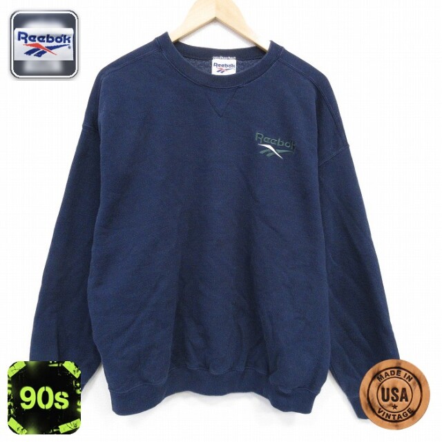 【50%OFF】リーボック 90s 長袖スウェット ワンポイントロゴ ネイビー XL | 古着