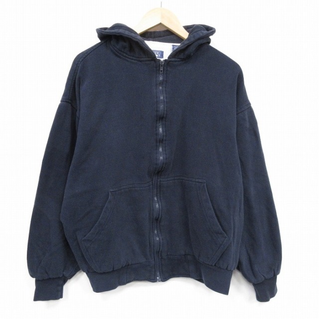 XL★古着 長袖 フルジップ スウェット パーカー メンズ 00年代 00s 無地 紺 内側サーマル 25nov12