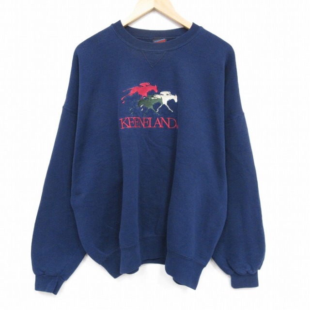 90s 長袖スウェット 競馬刺繍 ネイビー XL | 古着