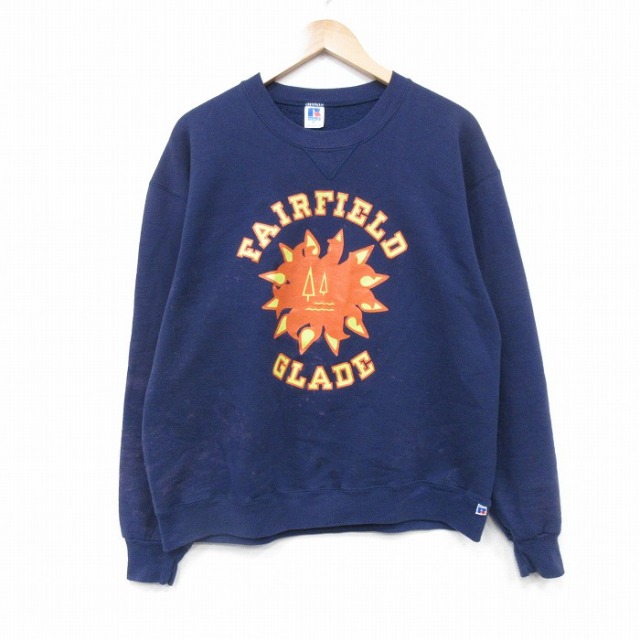 L★古着 ラッセル 長袖 スウェット メンズ 80年代 80s GLADE クルーネック USA製 紺 25nov12