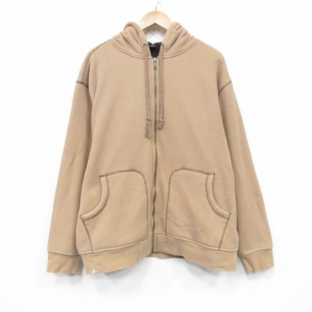 【20%OFF】XL★古着 ヘインズ  長袖 フルジップ スウェット パーカー メンズ 大きいサイズ サーマル地 コットン ベージュ 25nov12