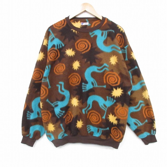 XL★古着 長袖 フリース トップス メンズ ココペリ ホピ族 大きいサイズ クルーネック 茶 25nov12