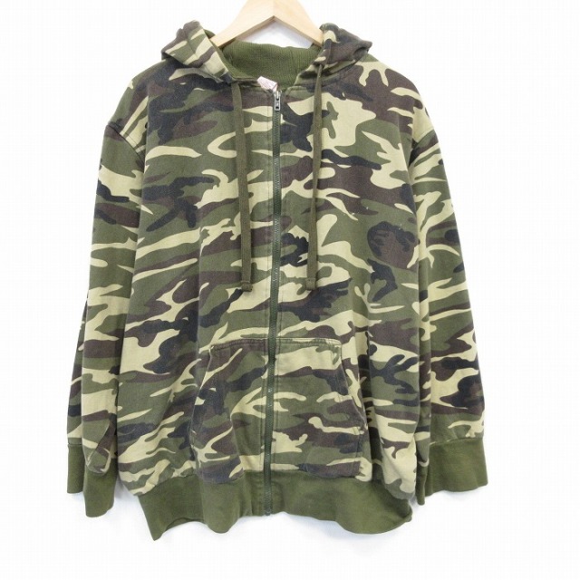 XL★古着 長袖 フルジップ スウェット パーカー メンズ 大きいサイズ 緑他 迷彩 25nov14