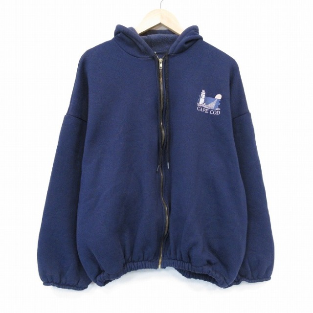 XL★古着 長袖 フルジップ スウェット パーカー メンズ 90年代 90s ケープコッド 大きいサイズ USA製 紺 25nov14