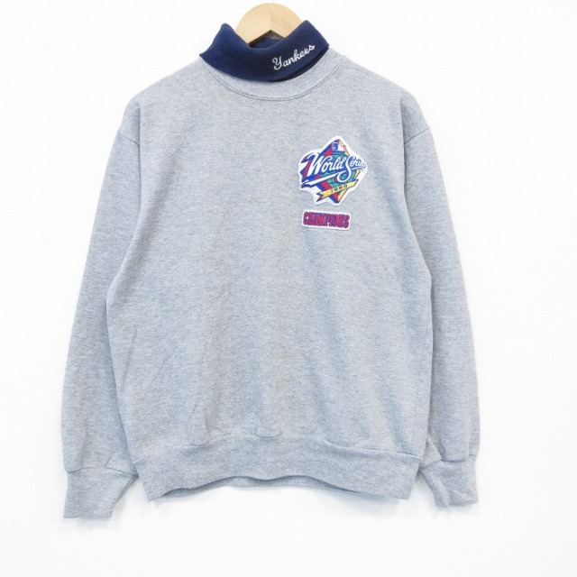 L★古着 マジェスティック 長袖 スウェット メンズ 90年代 90s MLB ニューヨークヤンキース モックネック ハイネック USA製 グレー 霜降り メジャーリーグ ベースボール 野球 25nov14