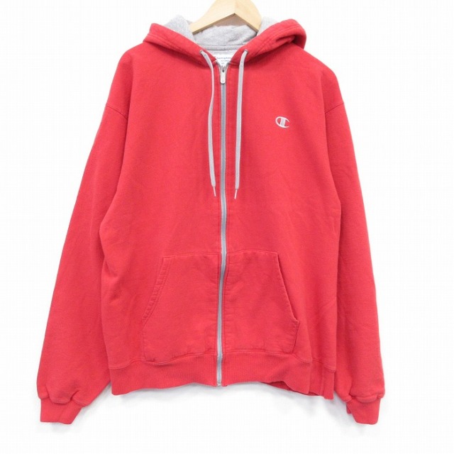 XL★古着 チャンピオン champion 長袖 フルジップ スウェット パーカー メンズ ワンポイントロゴ 赤 25nov14