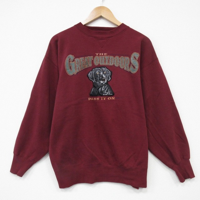 L★古着 長袖 スウェット メンズ 90年代 90s 犬 刺繍 クルーネック エンジ 25nov13