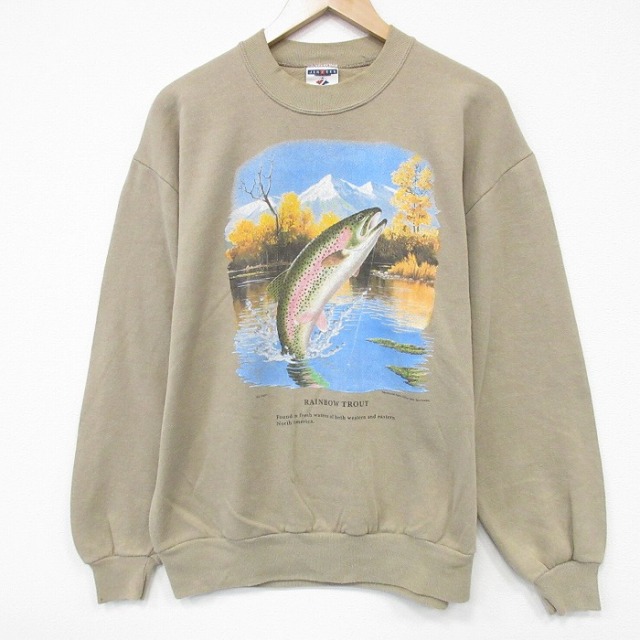 L★古着 ジャージーズ 長袖 スウェット メンズ 90年代 90s 魚 クルーネック USA製 濃ベージュ 25nov13