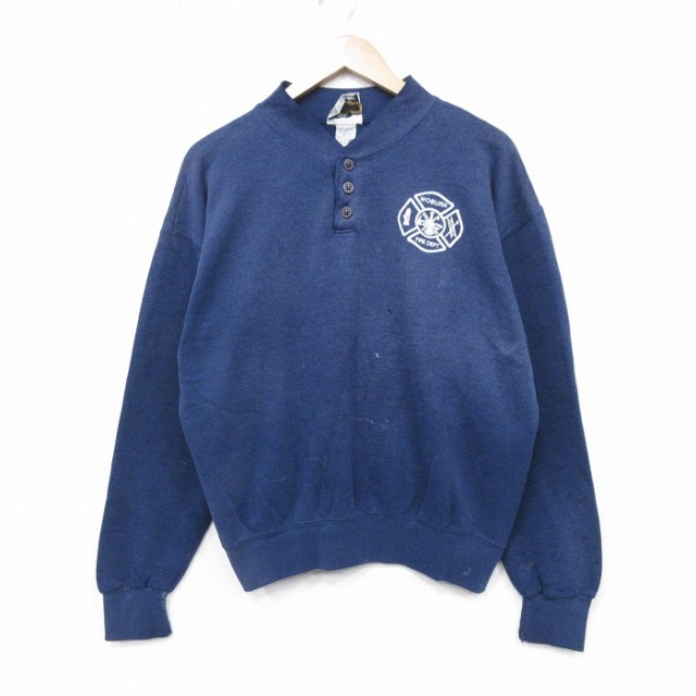 【20%OFF】L★古着 長袖 スウェット メンズ 90年代 90s 消防署 襟付き USA製 紺 25nov13