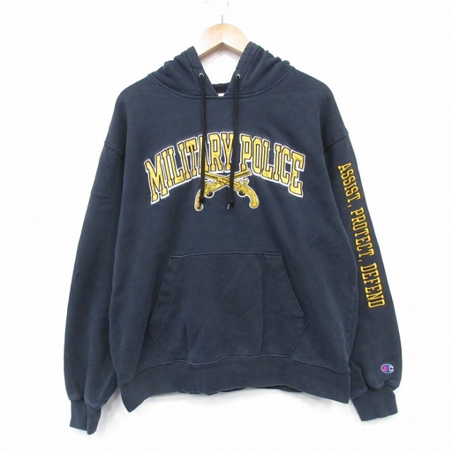 XL★古着 チャンピオン champion 長袖 スウェット パーカー メンズ 00年代 00s ミリタリーポリス 刺繍 黒 25nov13