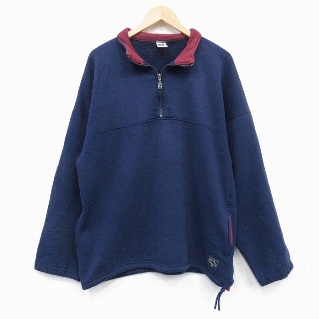 【20%OFF】L★古着 ラッセル 長袖 ハーフジップ スウェット メンズ 90年代 90s 無地 USA製 紺 25nov14
