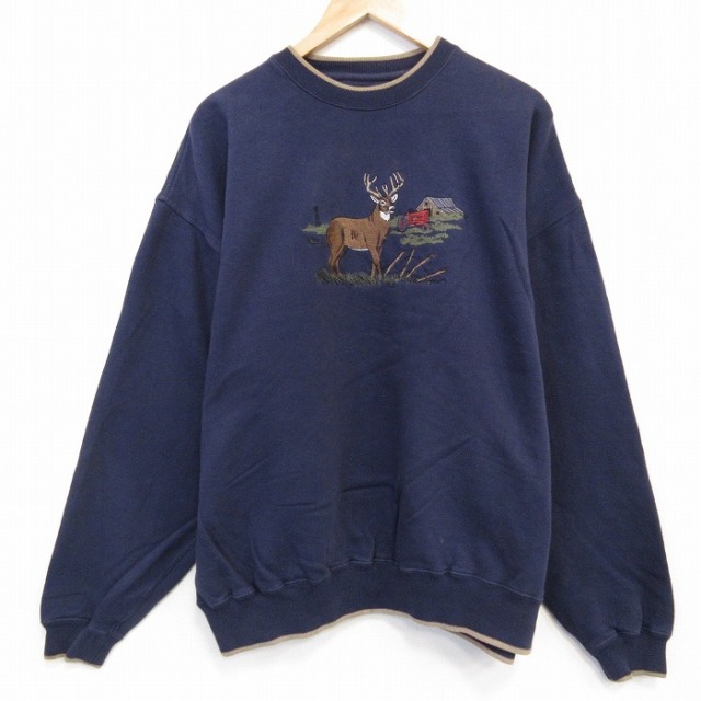 XL★古着 長袖 スウェット メンズ 00年代 00s シカ 刺繍 大きいサイズ クルーネック 紺 25nov14