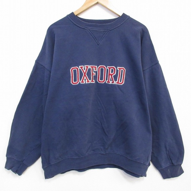 XL★古着 長袖 スウェット メンズ 90年代 90s オックスフォード 刺繍 大きいサイズ コットン クルーネック イギリス製 紺 25nov14
