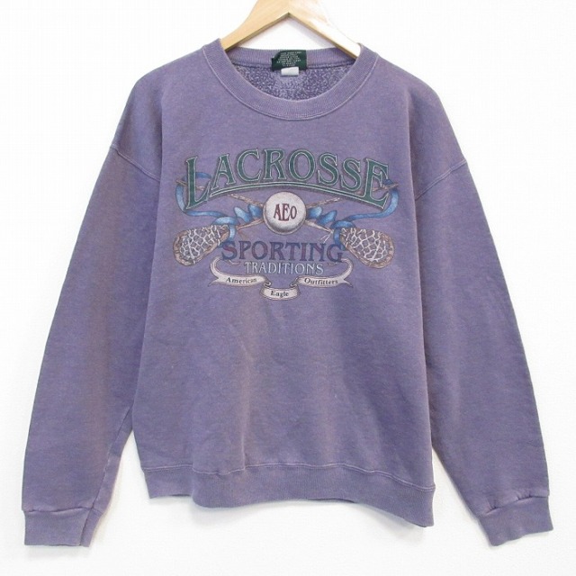 L★古着 アメリカンイーグル 長袖 スウェット メンズ 90年代 90s ラクロス クルーネック USA製 薄紫 25nov14