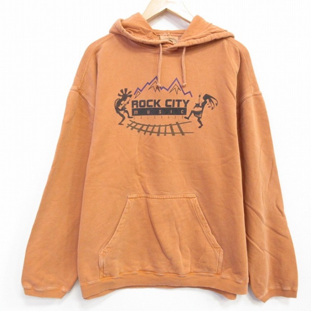 XL★古着 長袖 スウェット パーカー メンズ 00年代 00s ロックシティ 大きいサイズ コットン クルーネック 茶 25nov14