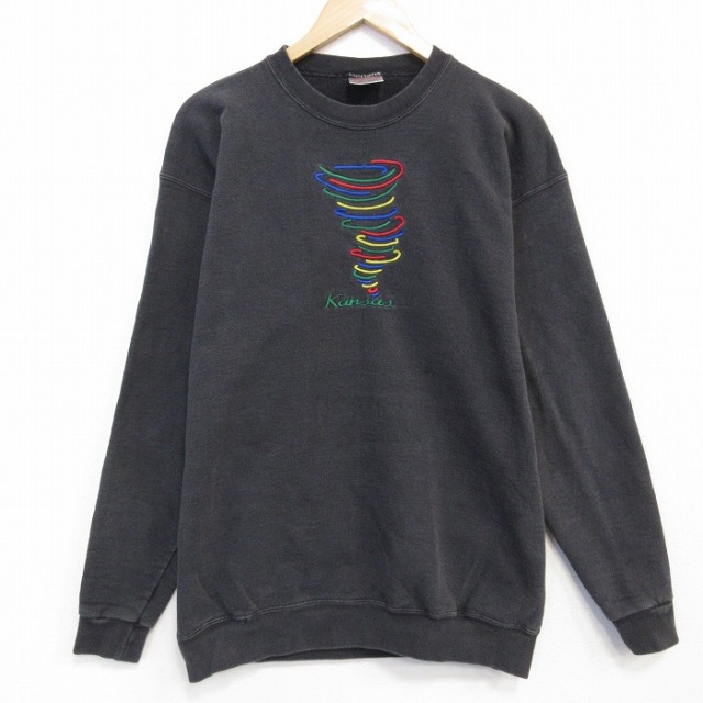 L★古着 オニータ  長袖 スウェット メンズ 90年代 90s カンザス 刺繍 クルーネック USA製 黒 25nov14