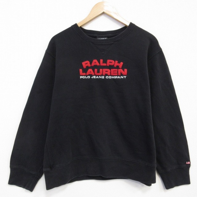 XL★古着 ラルフローレン ポロスポーツ 長袖 ブランド スウェット メンズ ビッグロゴ 刺繍 クルーネック 黒 25nov14