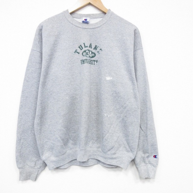 L★古着 チャンピオン champion 長袖 スウェット メンズ 90年代 90s TULANE クルーネック 薄グレー 霜降り 25nov15