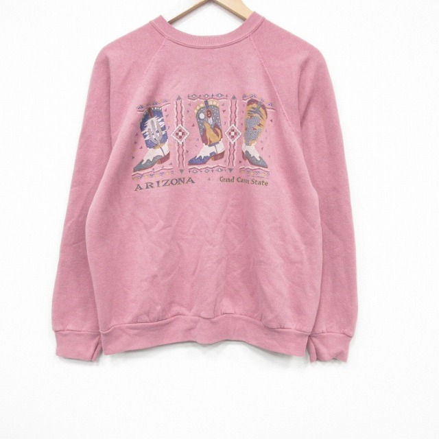 L★古着 TULTEX 長袖 スウェット メンズ 90年代 90s ウエスタンブーツ ラグラン クルーネック USA製 薄ピンク 25nov18