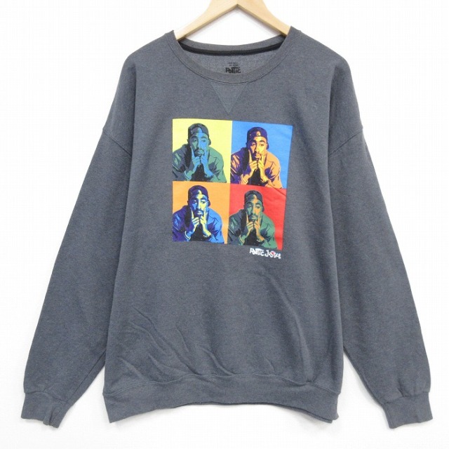 XL★古着 長袖 スウェット メンズ 映画 ポエスティックジャスティス 2パック 2PAC クルーネック 濃グレー 霜降り 25nov15